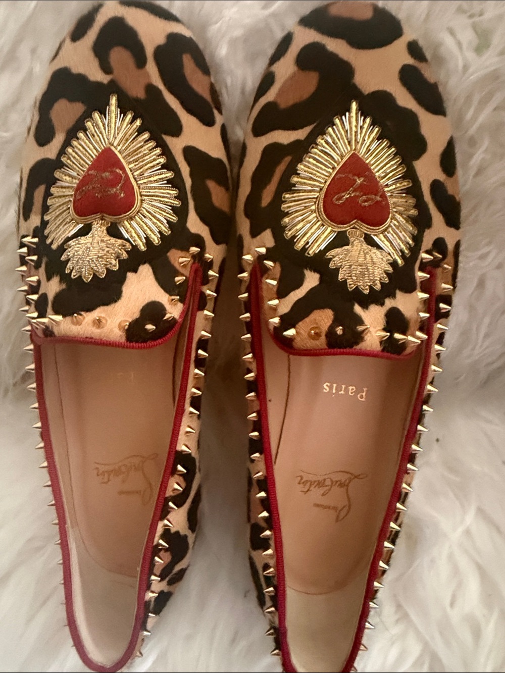 Christian Louboutin Leopard-Print Studded Loafers with Red & Gold Accents